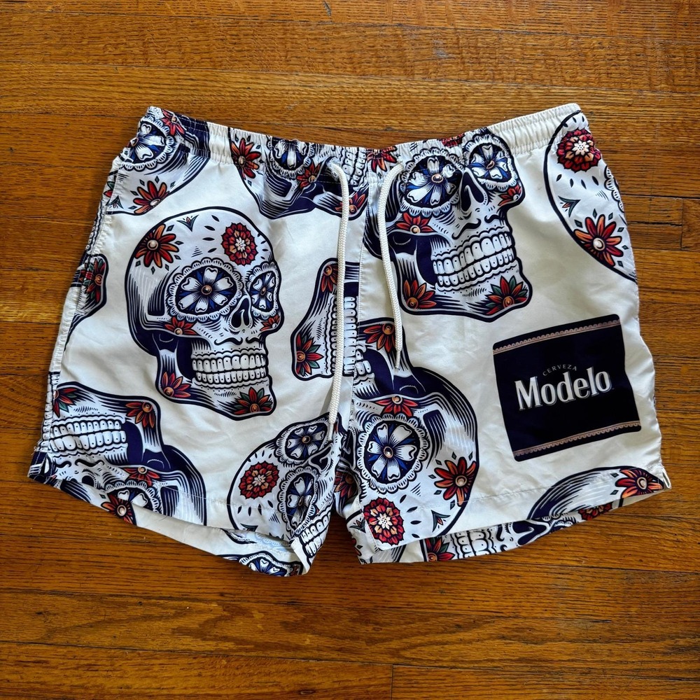 Modelo Mens Sugar Skull Swim Trunks White Day of the Dead Board Shorts Size L